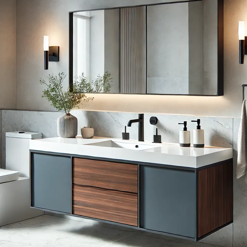 Modern floating bathroom vanity with wood and matte black finishes
