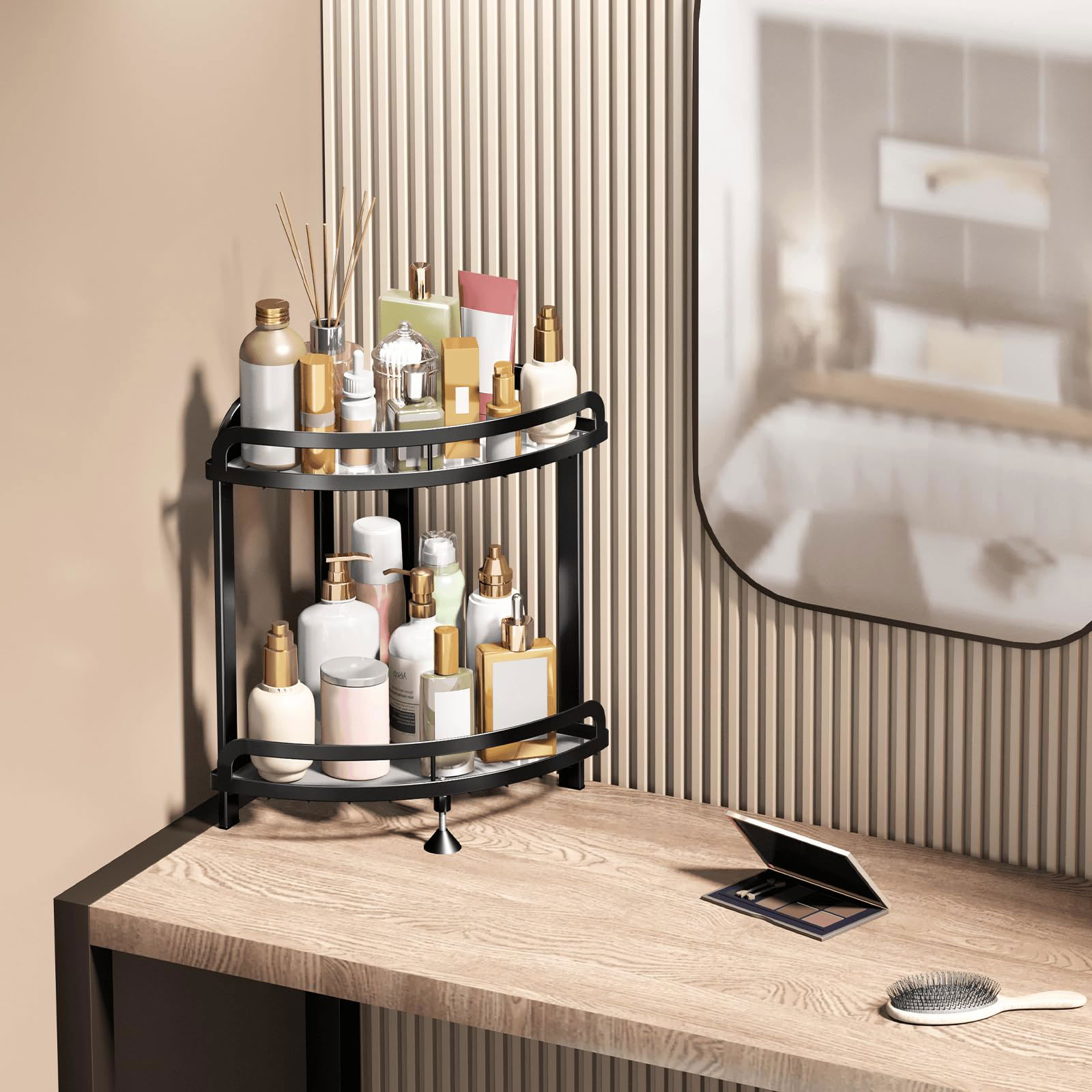Black corner cosmetic organizer on vanity with assorted skincare and beauty products