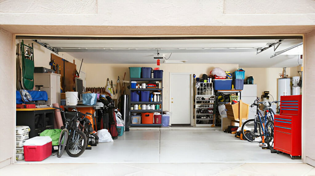 20 Inspiring Small Garage Conversion Ideas 10 Organized residential garage with shelves, bicycles, storage bins, and tools.