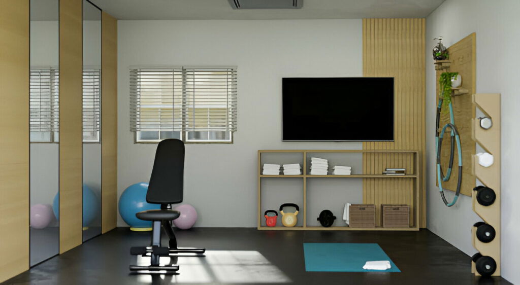 20 Inspiring Small Garage Conversion Ideas 13 Modern home gym with workout equipment, a wall-mounted TV, and organized storage shelves