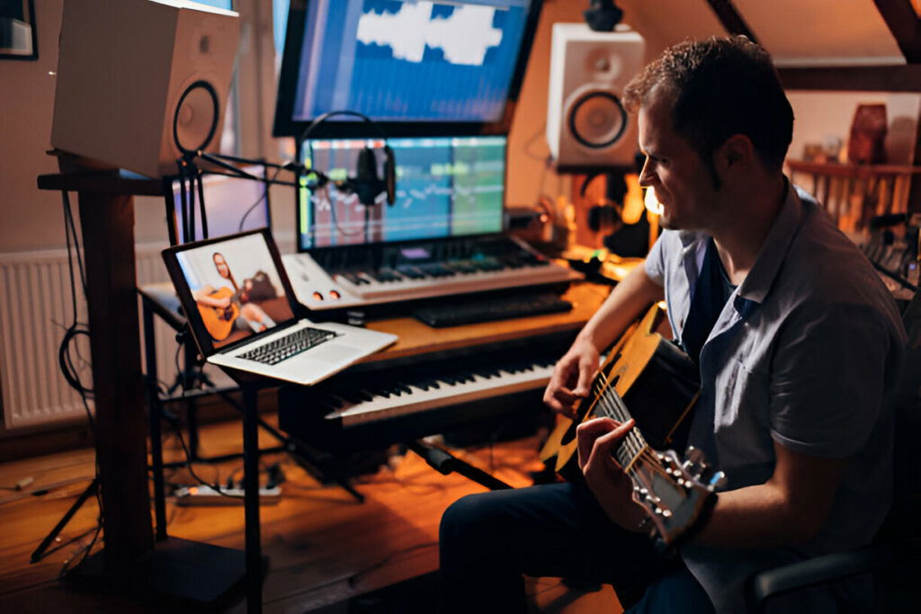 20 Inspiring Small Garage Conversion Ideas 14 Home music studio with a musician playing guitar during an online lesson, surrounded by instruments and professional audio equipment