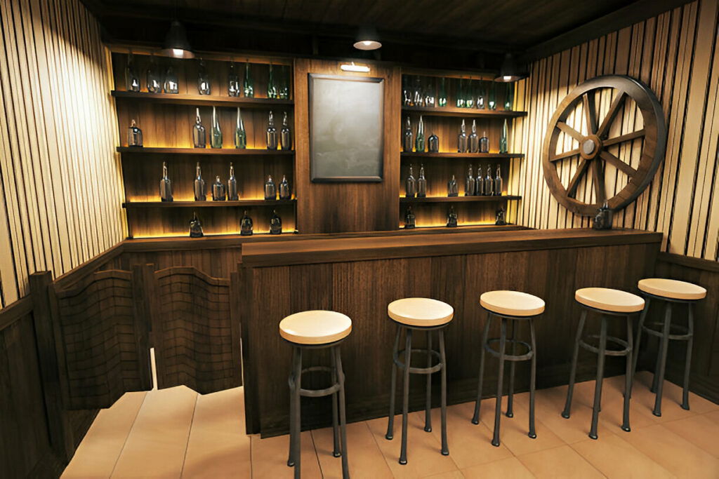 20 Inspiring Small Garage Conversion Ideas 28 Rustic home bar with wooden shelves, a bar counter, stools, and warm lighting