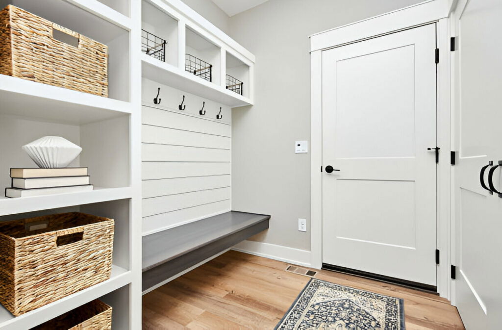 20 Inspiring Small Garage Conversion Ideas 18 Modern farmhouse-style mudroom with built-in storage cubbies, hooks for coats, a bench, and woven storage baskets