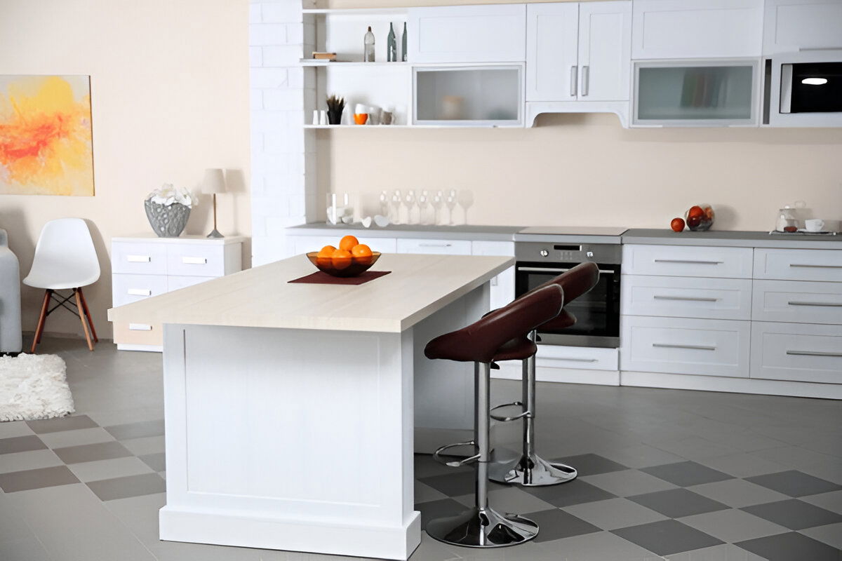 Modern white kitchen with island and bar stools
