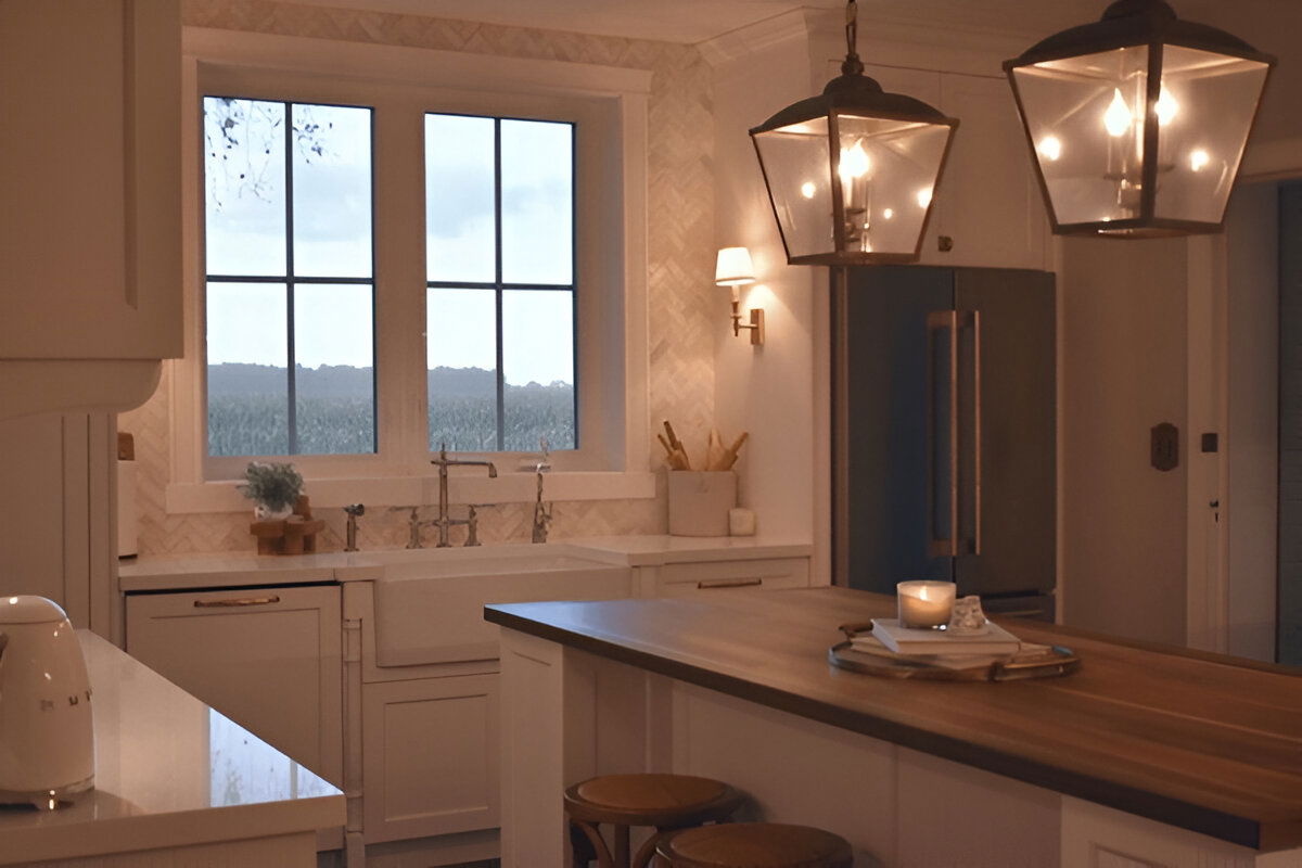Cozy farmhouse kitchen with pendant lighting