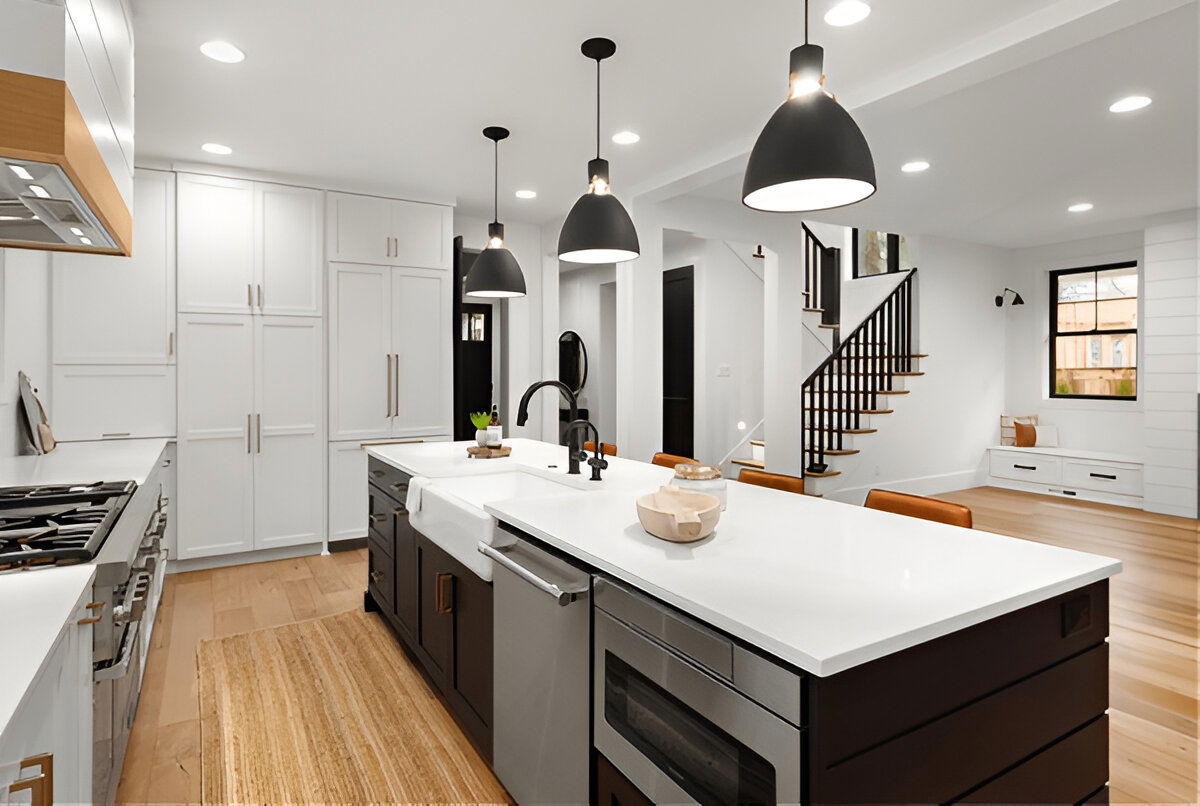 Modern kitchen with black pendant lights and large white island