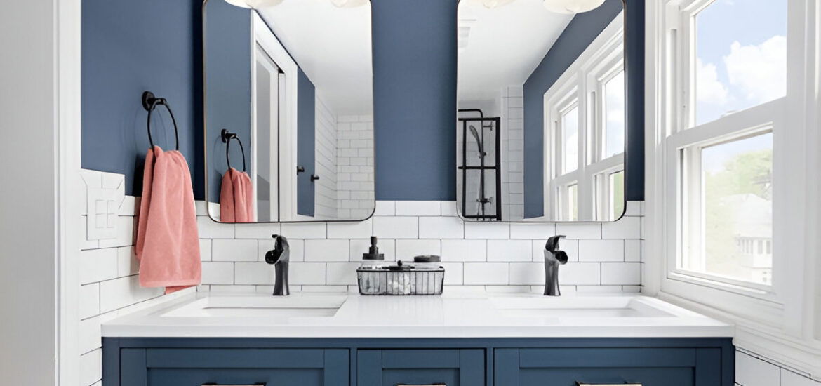Modern blue and white bathroom vanity with double sinks