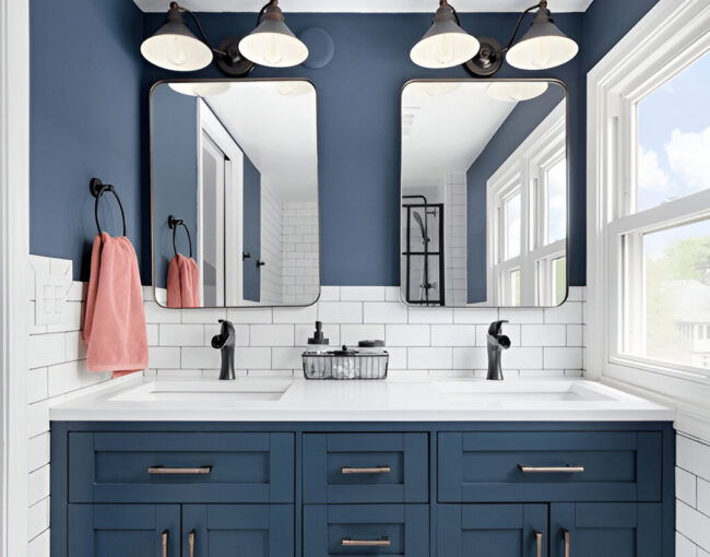 Modern blue and white bathroom vanity with double sinks