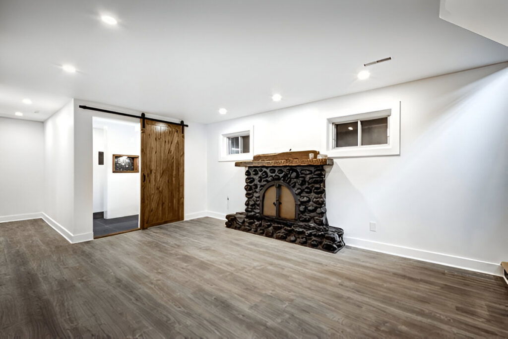 Finished basement with stone fireplace and sliding barn door