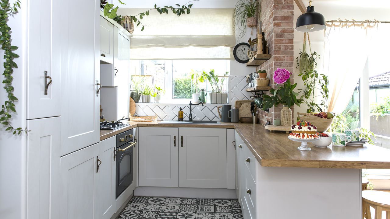 Cozy white kitchen with plants and wooden countertops