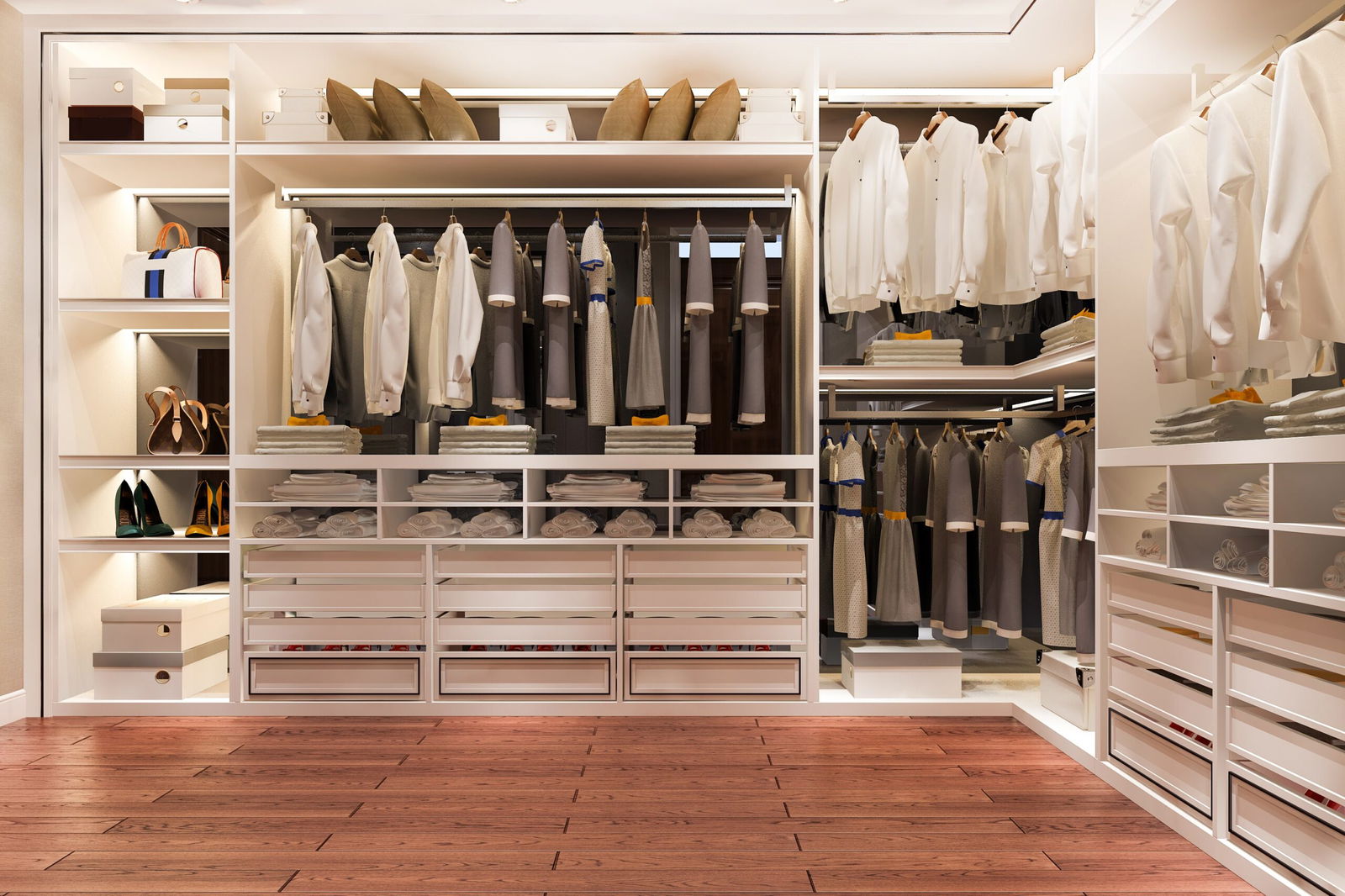 Custom Closet Systems Personalized Guide 6 A luxurious walk-in closet with custom white shelving, LED accent lighting, built-in drawers, and elegant organization for clothing, shoes, and accessories.