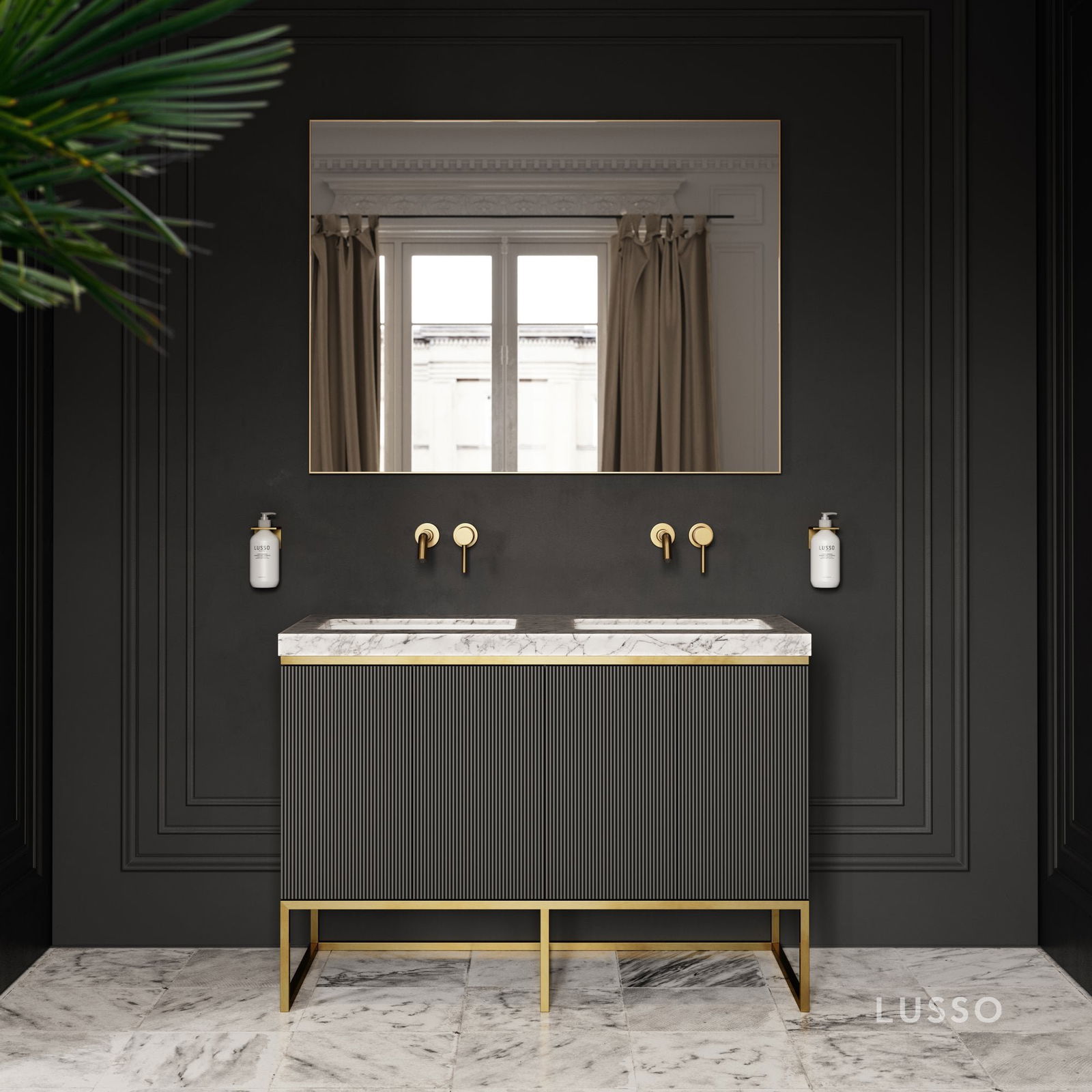 Modern black fluted bathroom vanity with marble countertop, brass fixtures, and large mirror in luxury interior