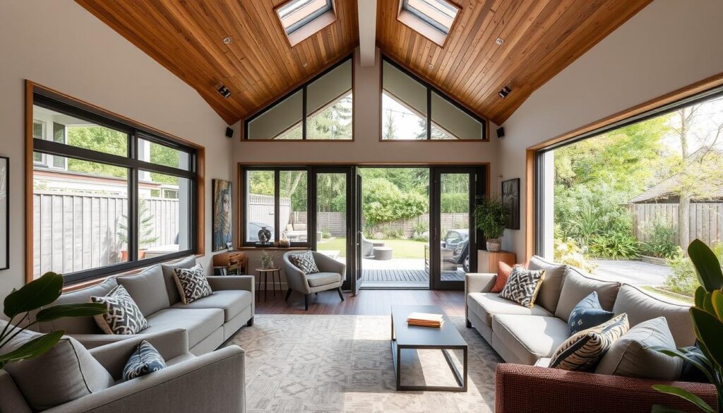 20 Inspiring Small Garage Conversion Ideas 24 Modern sunroom with a vaulted wood ceiling, large windows, and sliding glass doors opening to a lush backyard. The space features neutral-colored sofas with patterned pillows, a sleek coffee table, and abundant natural light