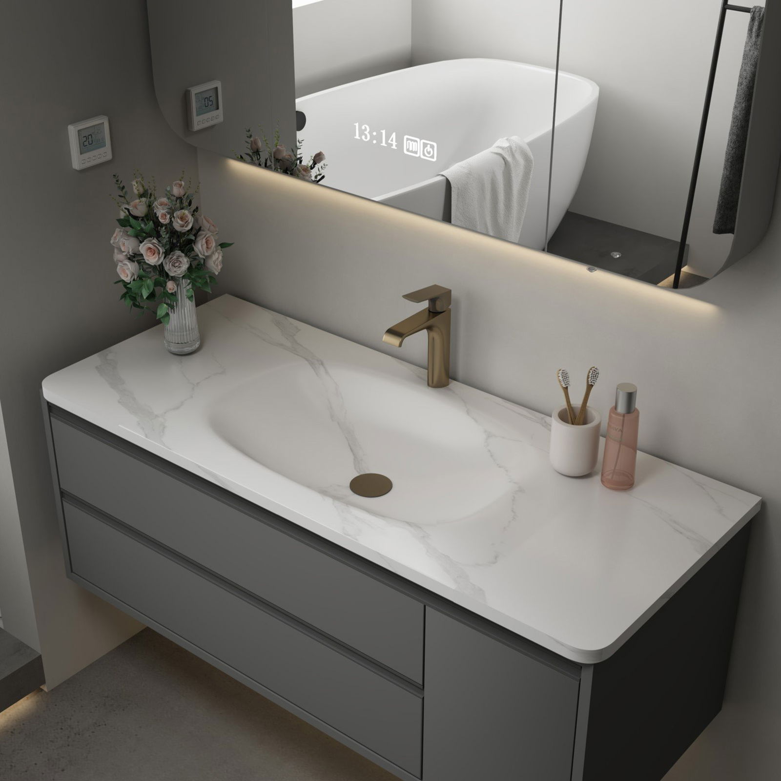 Modern wall-mounted bathroom vanity with integrated marble sink and gold faucet