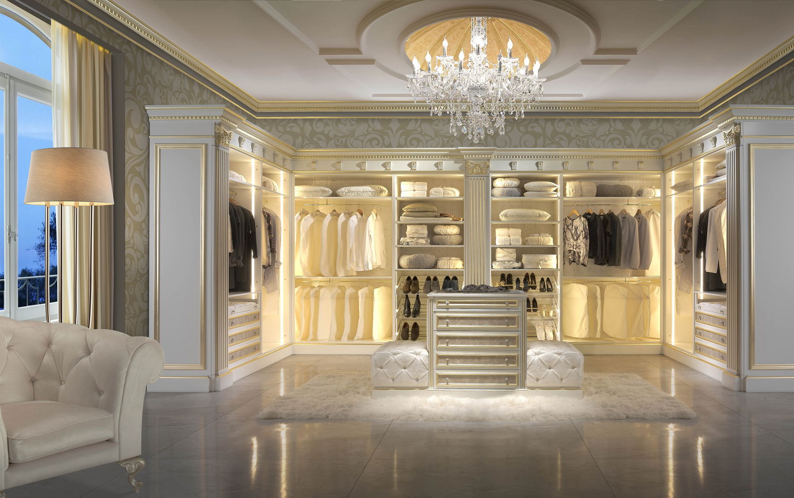 Elegant luxury walk-in closet with chandelier and classical gold accents

