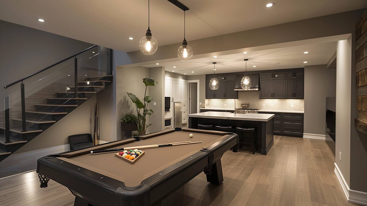Custom Closets That Elevate Your Space 13 Modern basement with pool table, pendant lighting, dark cabinetry, island seating, and floating staircase with glass railing.
