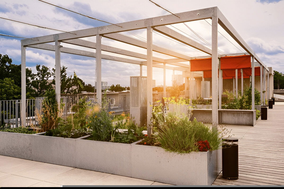 Rooftop garden with pergola structure and sunset view