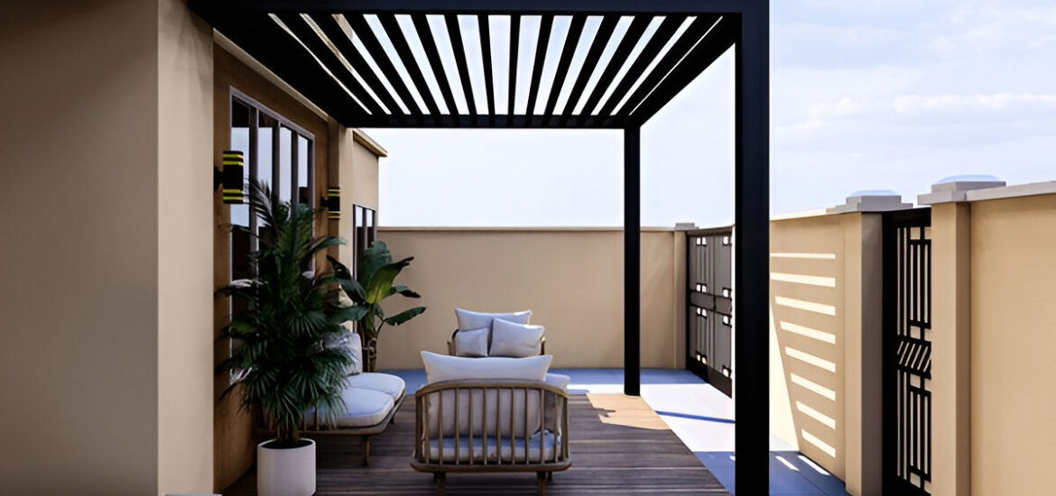 Minimalist rooftop patio with black pergola, wooden deck, and cozy seating