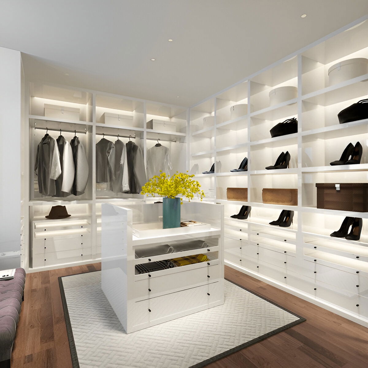 Bright custom walk-in closet with built-in shelving and center island 