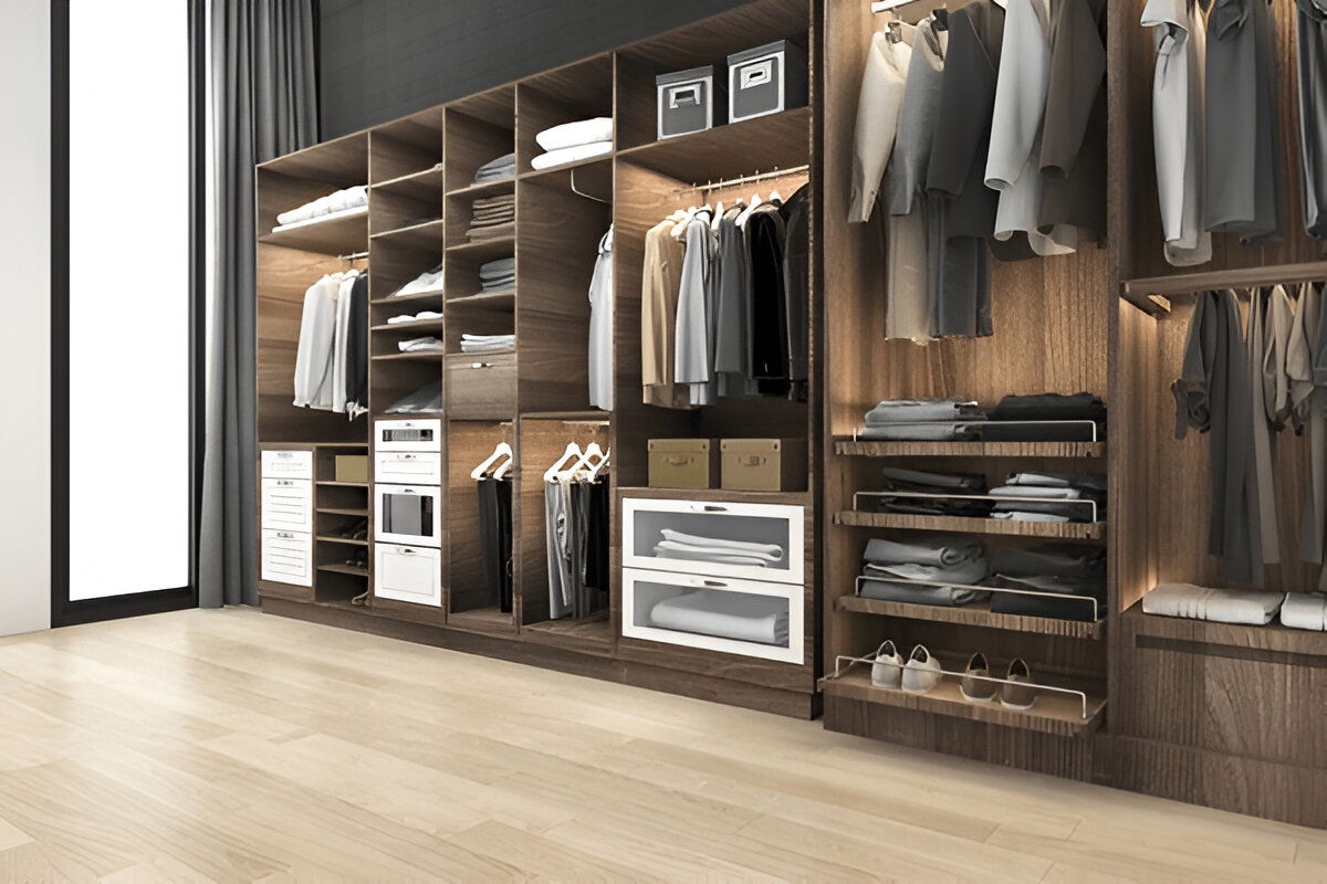 Modern walk-in closet with dark wood shelves and organized wardrobe

