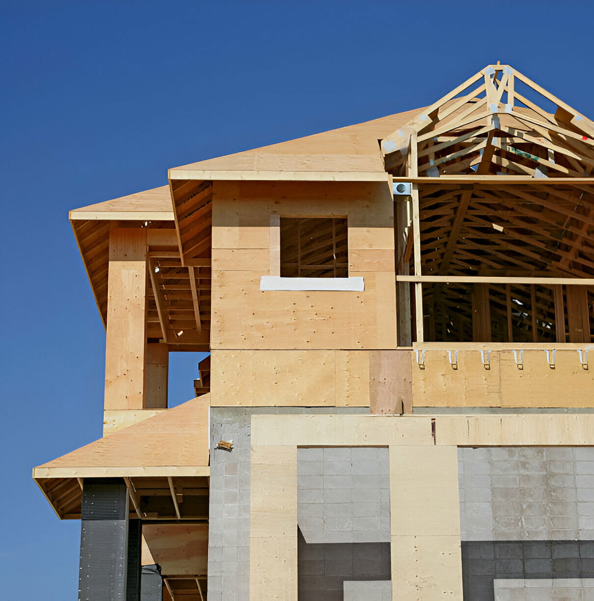 Second floor addition under construction with exposed wood framing and roof trusses 