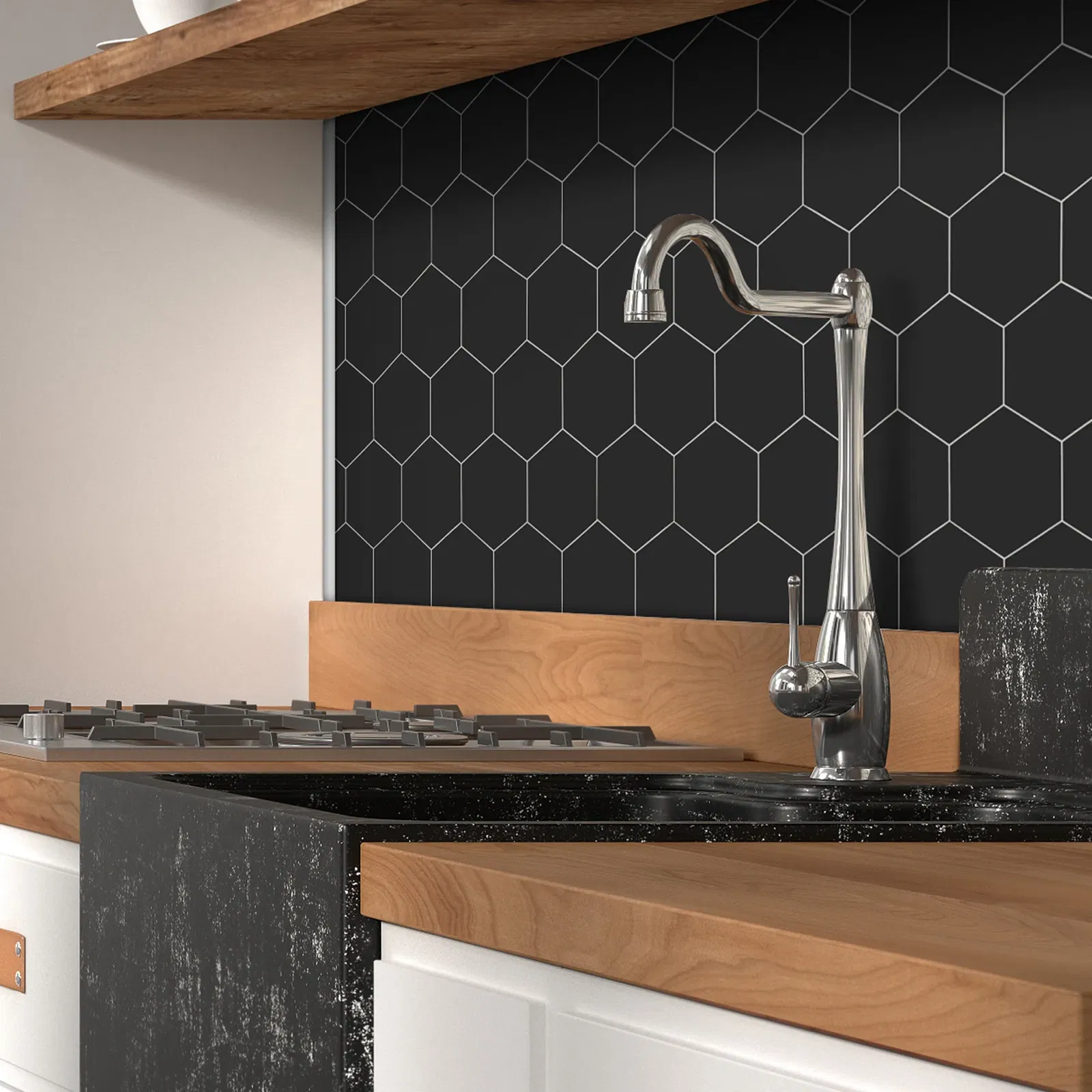Kitchen with black hexagon tile backsplash, wood countertops, white lower cabinets, and chrome gooseneck faucet.