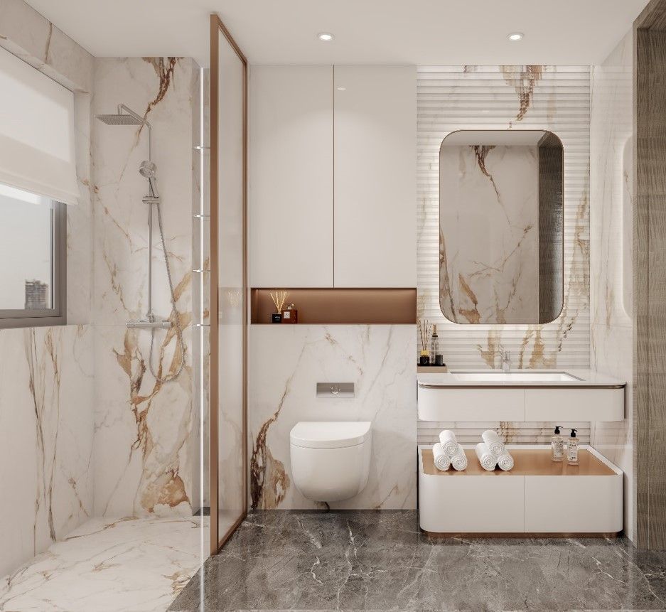 Modern luxury bathroom with marble walls, floating toilet, glass shower enclosure, and sleek vanity with rolled towels.