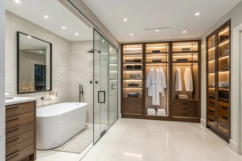 Modern bathroom with freestanding tub, glass shower, and built-in walk-in closet

