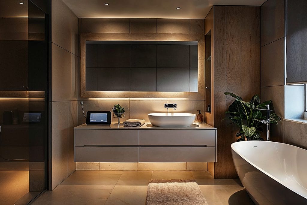 High-tech bathroom featuring a floating vanity with vessel sink, backlit smart mirror, freestanding bathtub, and ambient lighting