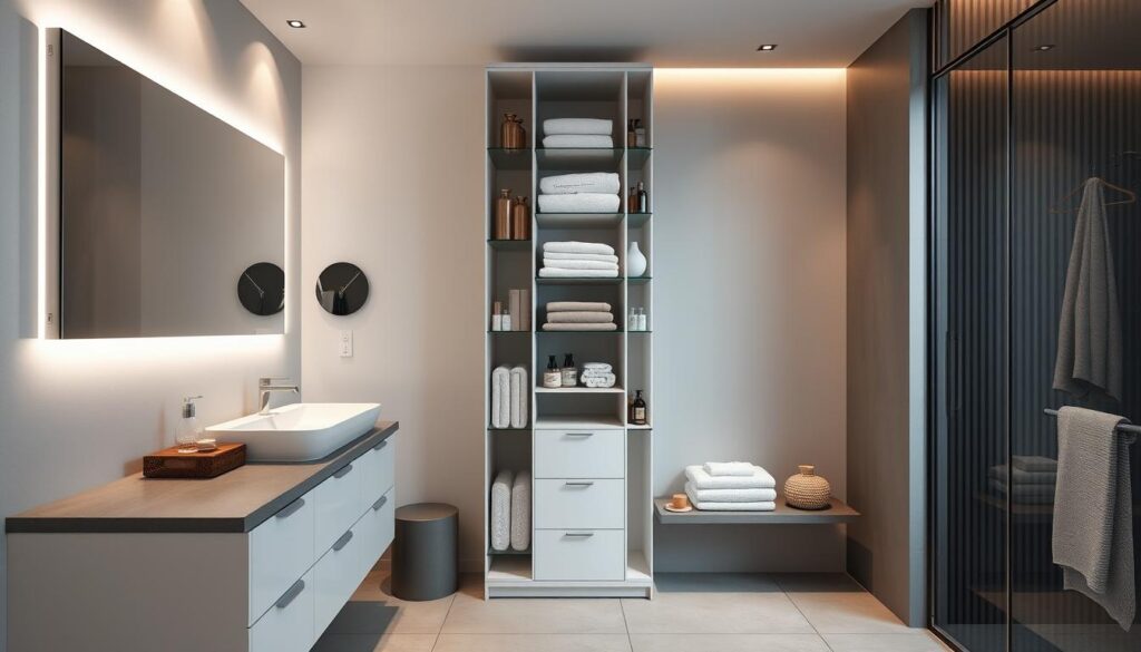 Stylish bathroom featuring vertical shelving unit, vessel sink vanity, LED mirror, and glass-enclosed shower