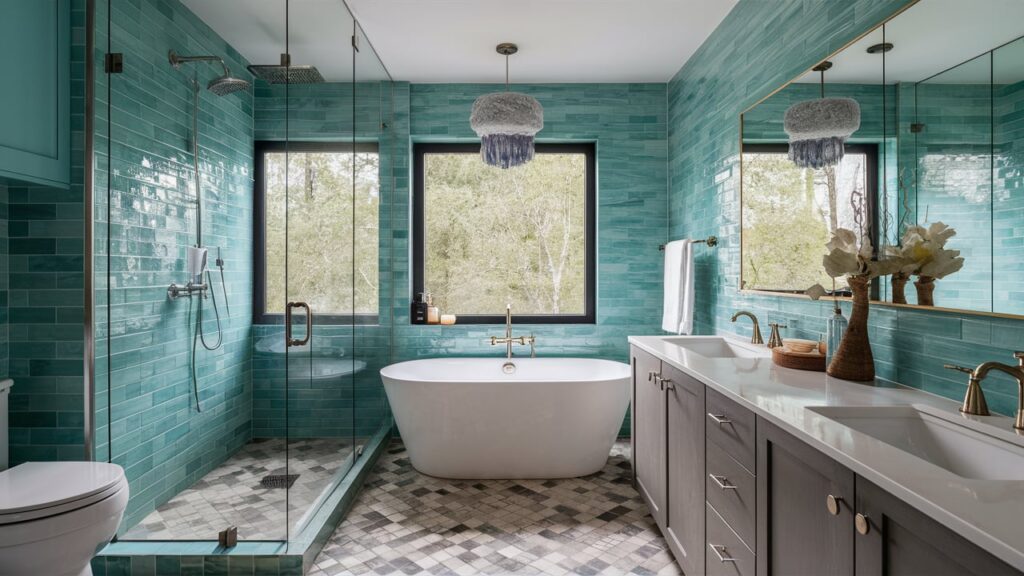 Contemporary bathroom featuring teal subway tiles, freestanding tub, glass shower, double vanity with grey cabinets, and patterned tile flooring.