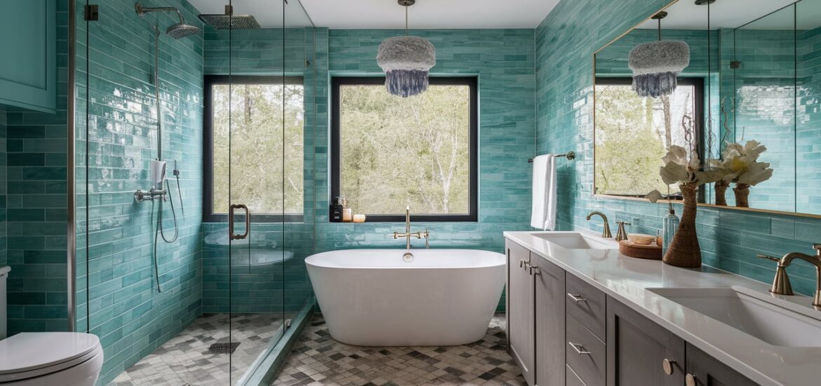 Contemporary bathroom featuring teal subway tiles, freestanding tub, glass shower, double vanity with grey cabinets, and patterned tile flooring.
