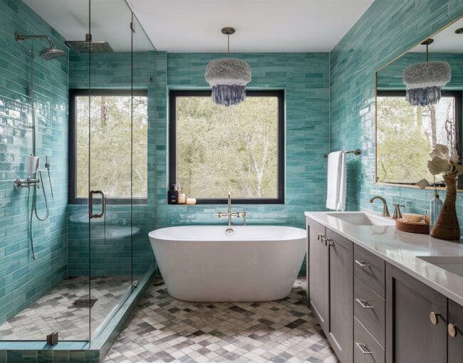 Contemporary bathroom featuring teal subway tiles, freestanding tub, glass shower, double vanity with grey cabinets, and patterned tile flooring.