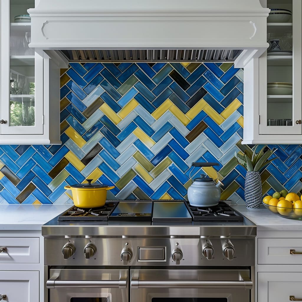 Creative kitchen design featuring a vibrant blue, yellow, and green herringbone tile backsplash with stainless steel stove and white cabinetry