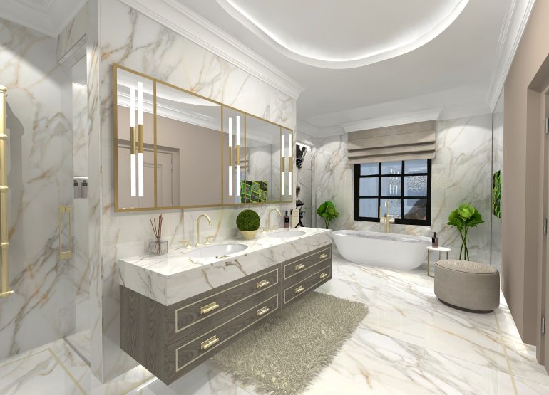 Elegant master bathroom featuring marble walls and flooring, a double vanity with gold accents, and a freestanding bathtub.