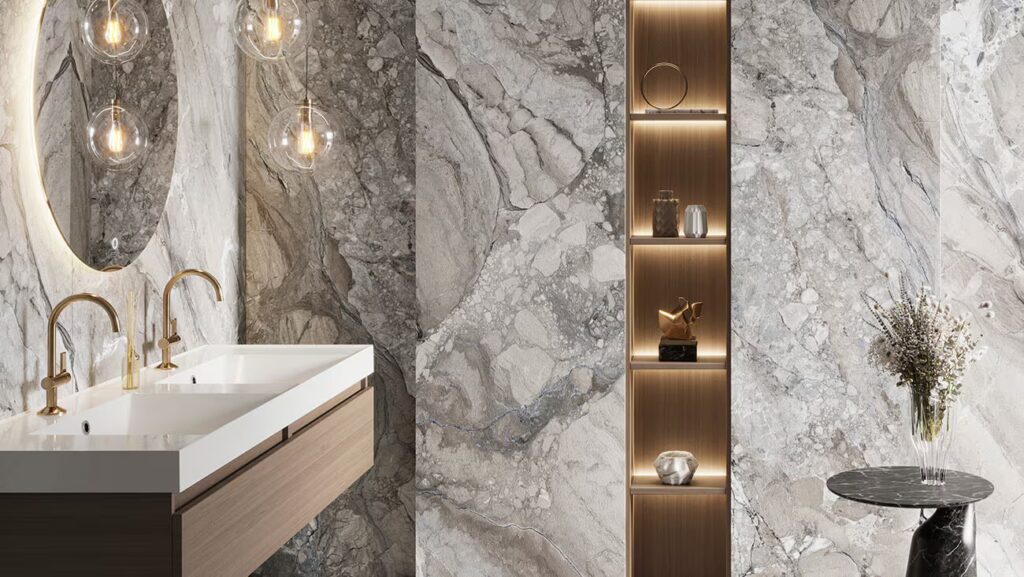 Elegant bathroom with minimalist fixtures, large-format tiles, and soft ambient lighting, following 2025 Porcelanosa design trends.