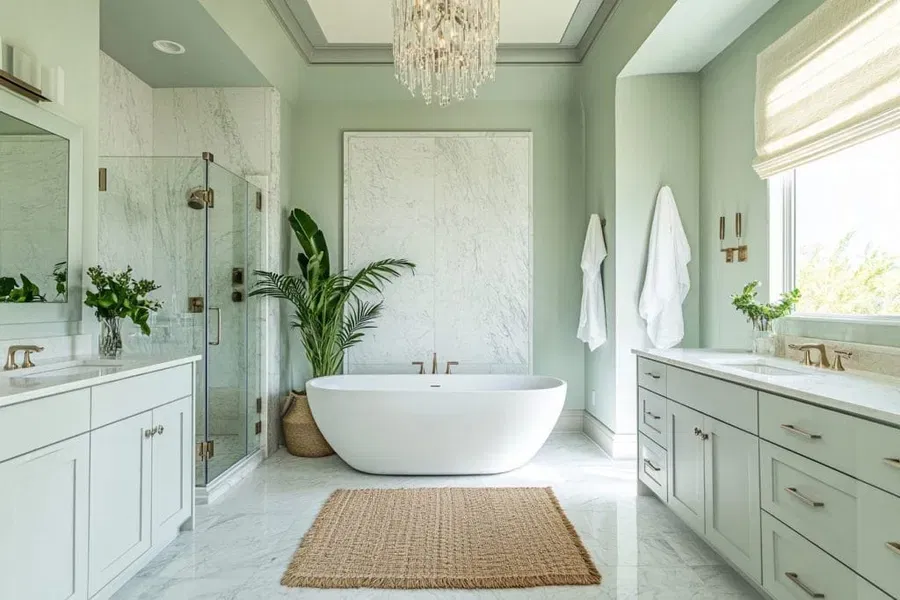 Modern master bathroom with a freestanding tub, marble floor and wall, double vanities, and soft green walls.