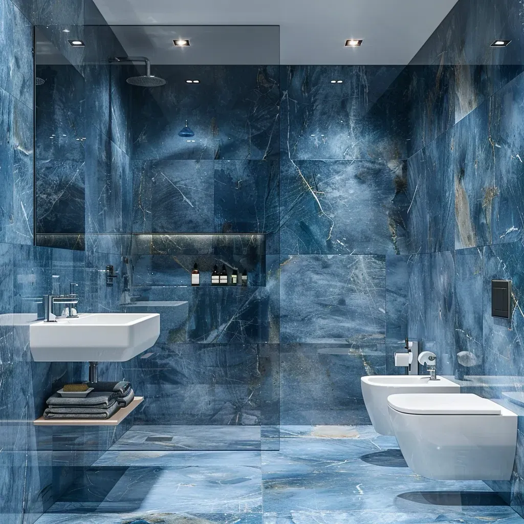 Custom Cabinetry Trends for Bathrooms to Watch in 2025 9 Modern bathroom with glossy blue marble tiles covering floor and walls, featuring a walk-in shower, wall-mounted sink, toilet, and bidet.