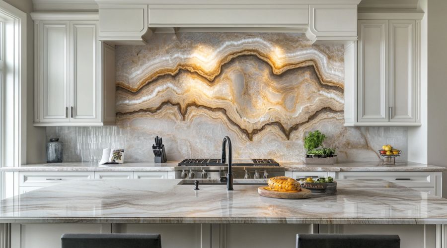 Modern kitchen featuring a dramatic backlit onyx stone backsplash with warm golden veining and white cabinetry