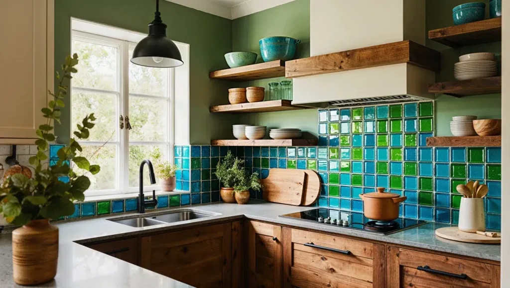 Rustic-style kitchen featuring a green and blue square tile backsplash, wooden open shelves, natural wood cabinetry, and black fixtures