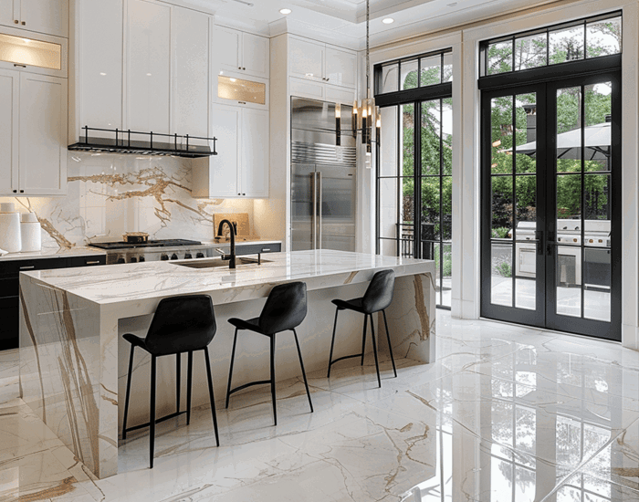 Modern luxury kitchen with a waterfall marble island, natural stone tile flooring, black chairs, and floor-to-ceiling windows.