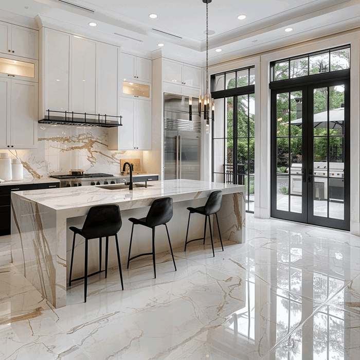 Modern luxury kitchen with a waterfall marble island, natural stone tile flooring, black chairs, and floor-to-ceiling windows.