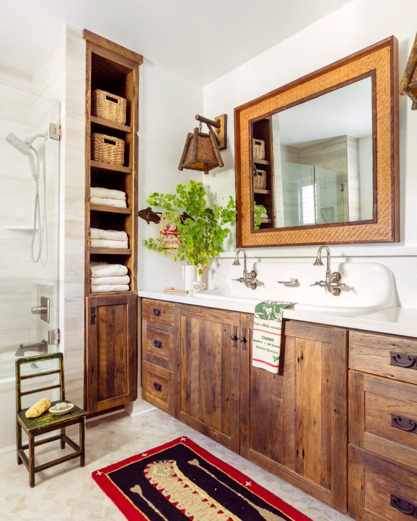 Rustic bathroom design featuring natural wood cabinetry, vessel sink, vintage mirror, and earthy tones for a cozy, cabin-inspired atmosphere.