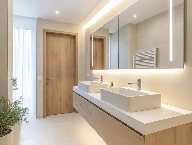 Custom Cabinetry Trends for Bathrooms to Watch in 2025 10 Contemporary minimalist bathroom with light wood floating vanity, double vessel sinks, backlit mirror, and neutral-toned walls